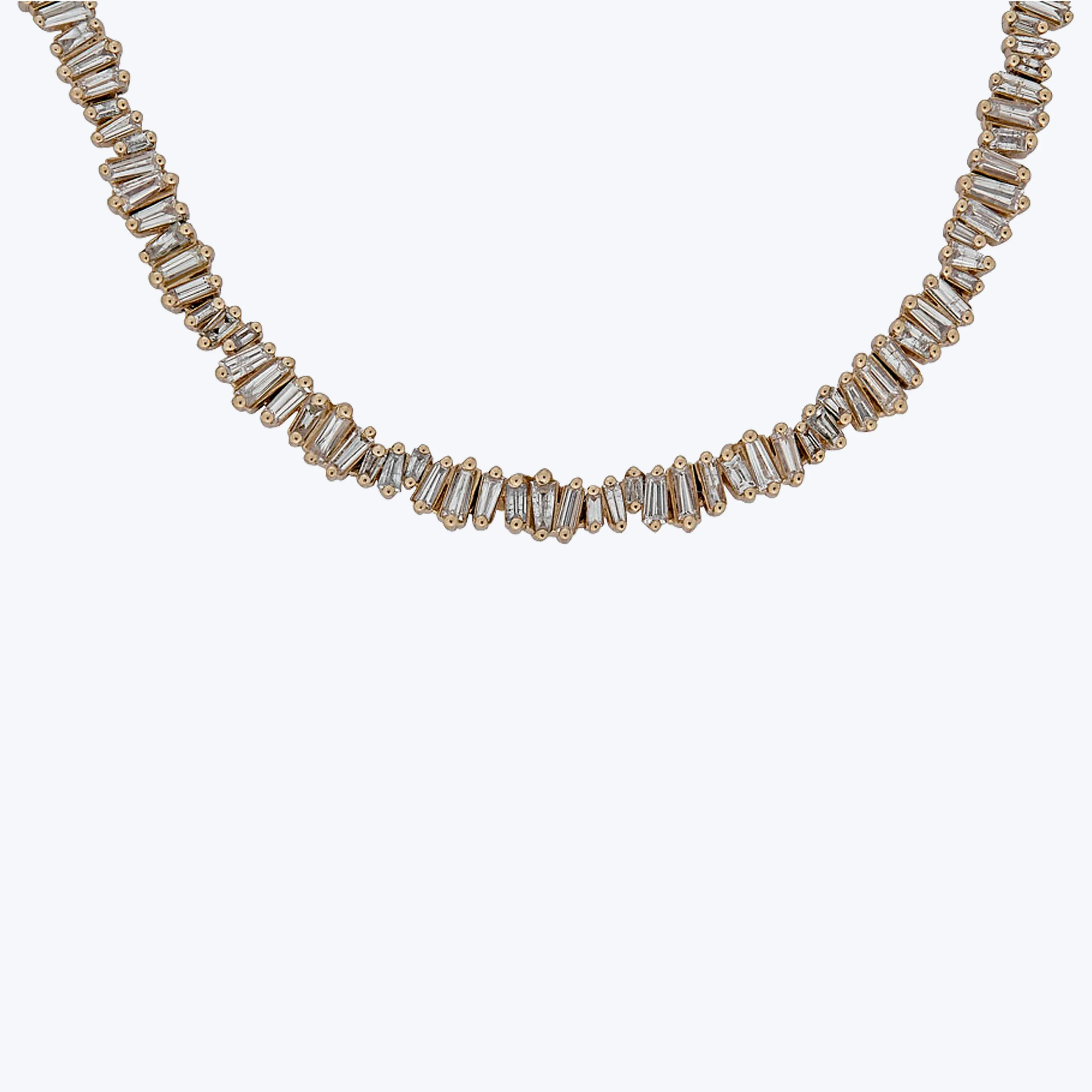 14K Yellow Gold "Broken Glass" Baguette Diamond Line Necklace