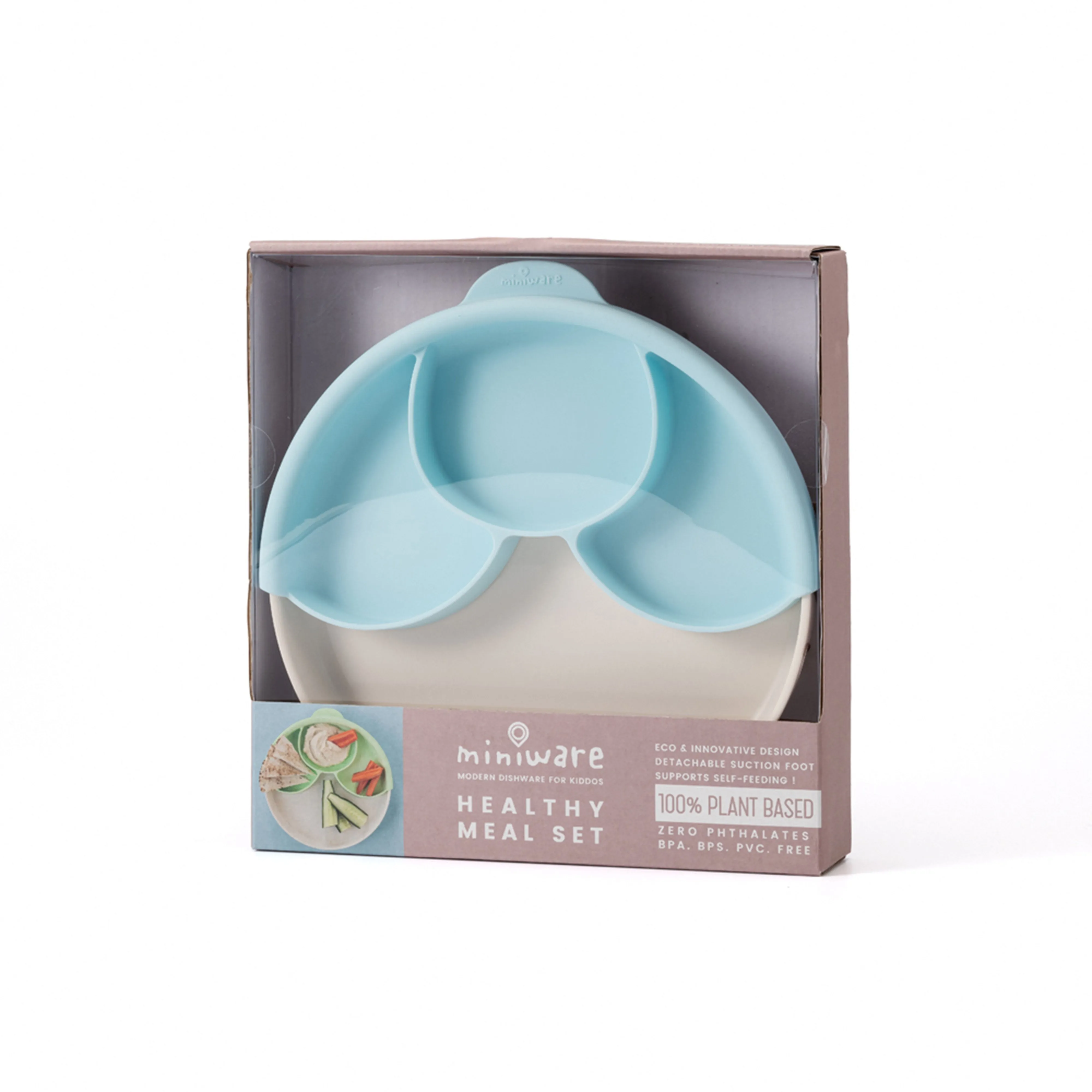 Miniware Healthy Meal Set - PLA Smart Divider Suction Plate in Vanilla   Silicone Divider in Aqua