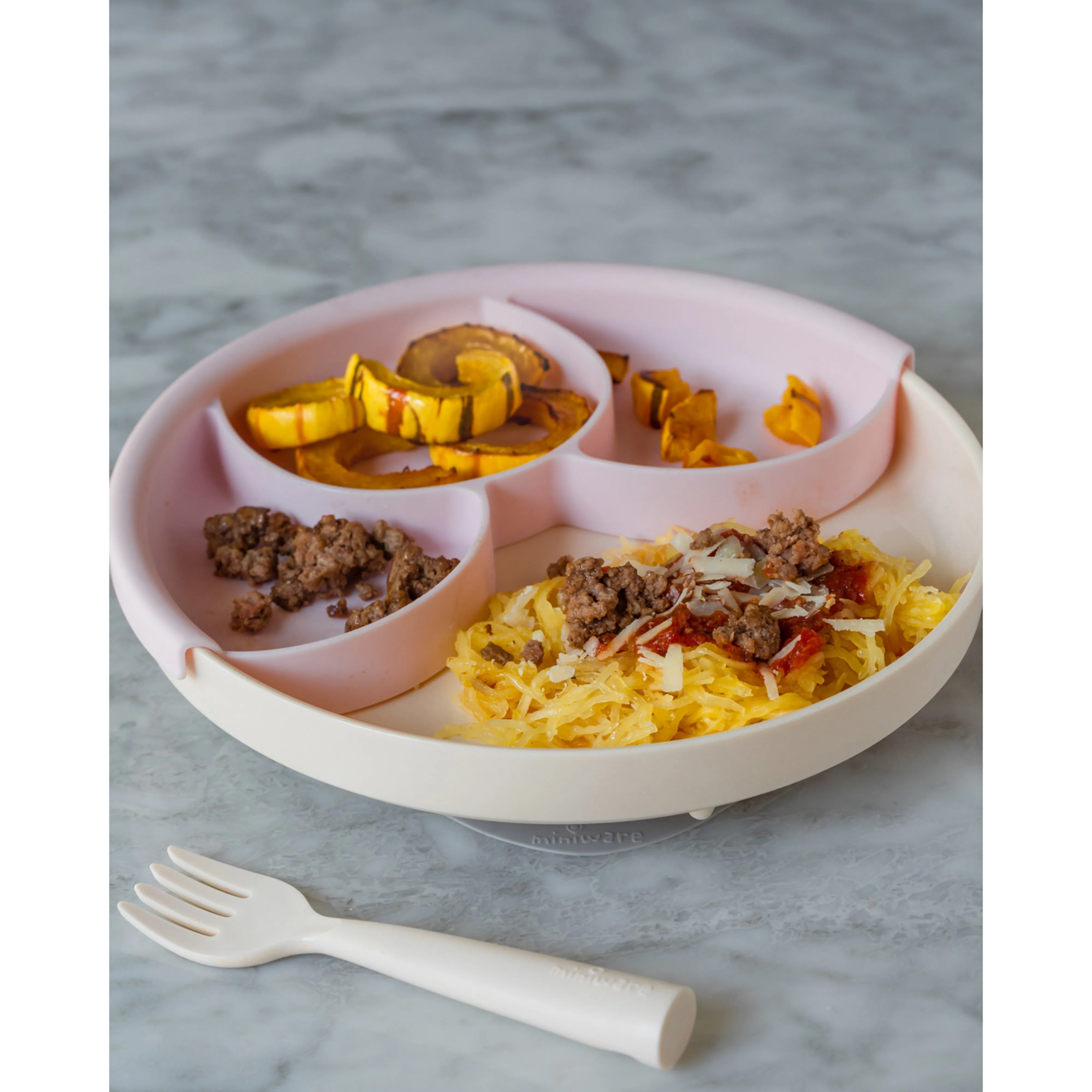 Miniware Healthy Meal Set - PLA Smart Divider Suction Plate in Vanilla   Silicone Divider in Lavender
