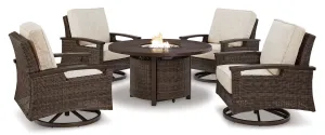 Paradise Trail - 5-Piece Outdoor Fire Pit Table and Swivel Chair Set - Medium Brown