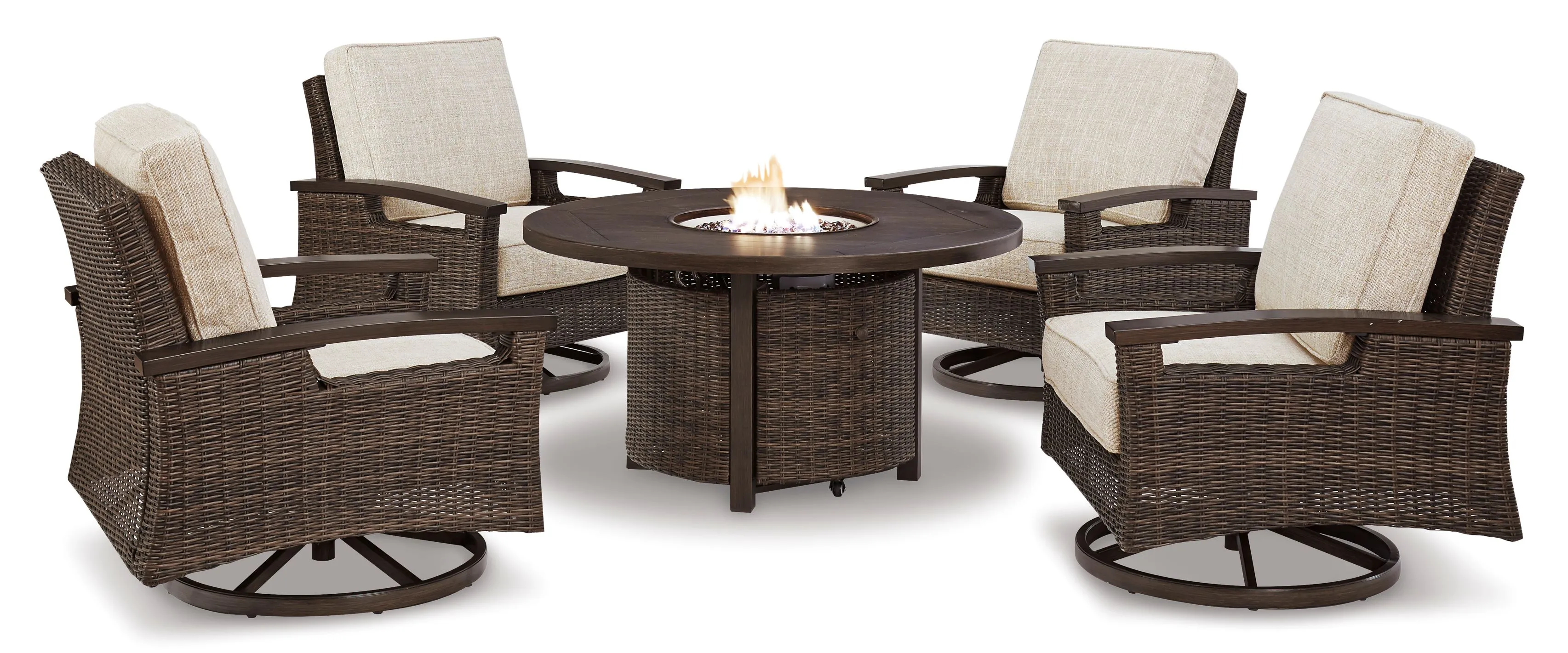 Paradise Trail - 5-Piece Outdoor Fire Pit Table and Swivel Chair Set - Medium Brown