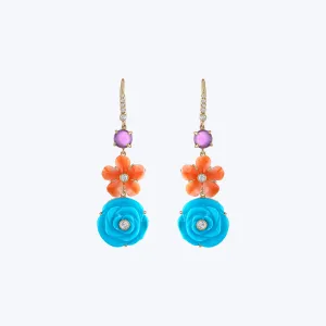 Turquoise, Coral, Amethyst Diamond Flower Drop Earring