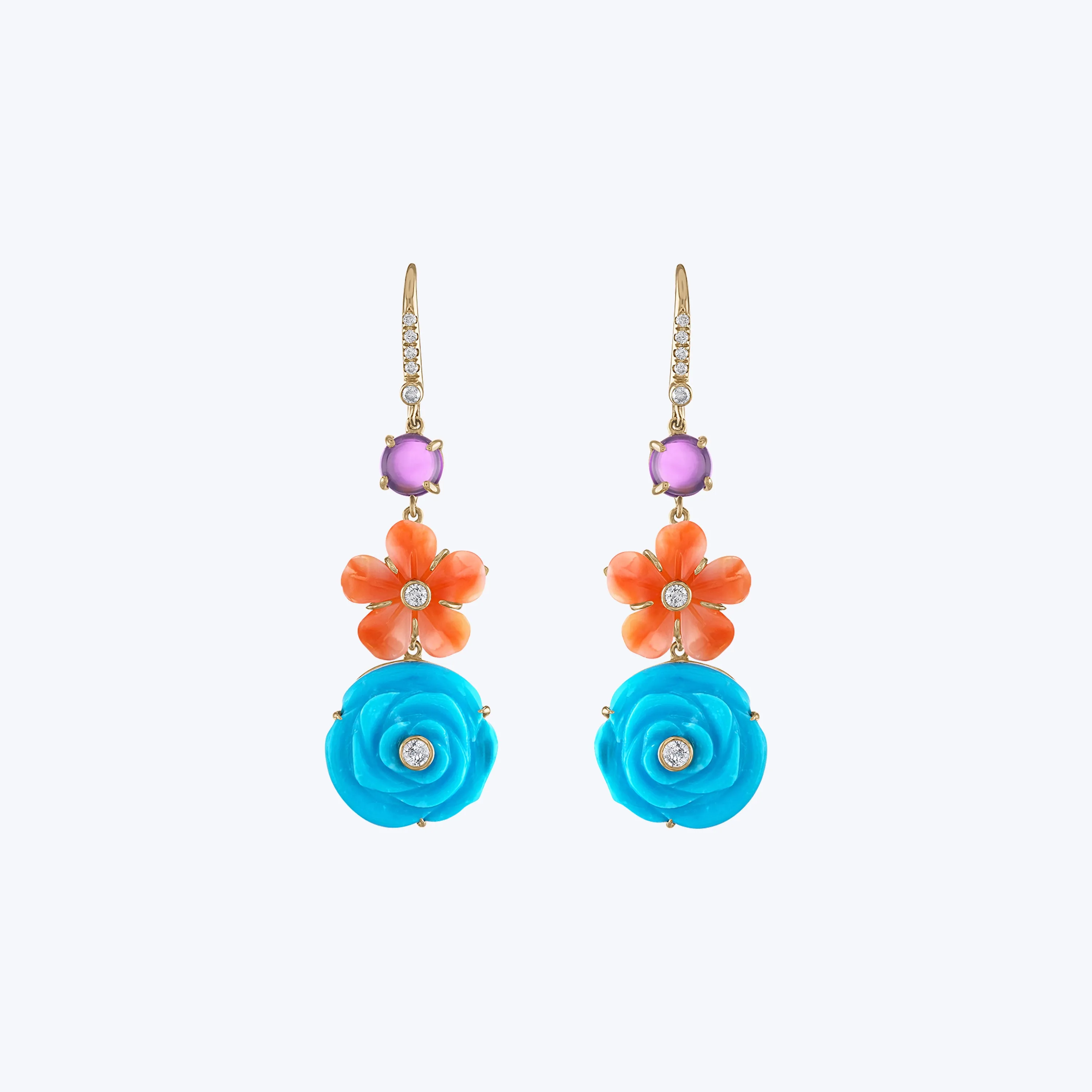 Turquoise, Coral, Amethyst Diamond Flower Drop Earring